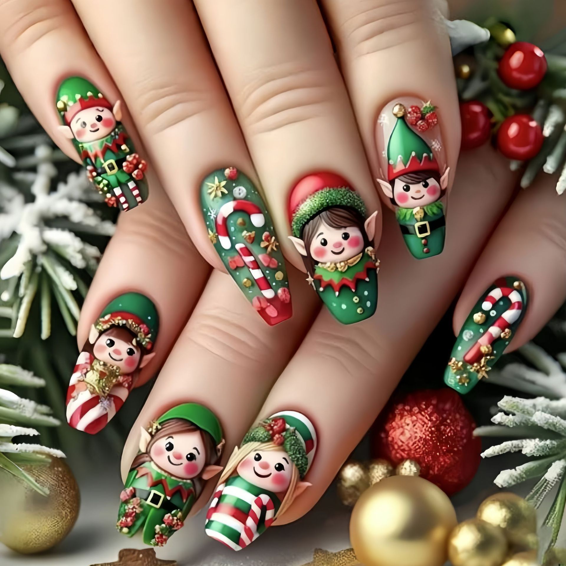Christmas Tree Artificial - Uñas postizas medianas para fiesta de